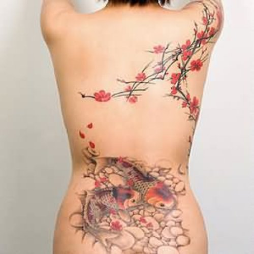 Amazing Girl Back Body Cherry Blosoom Tattoos